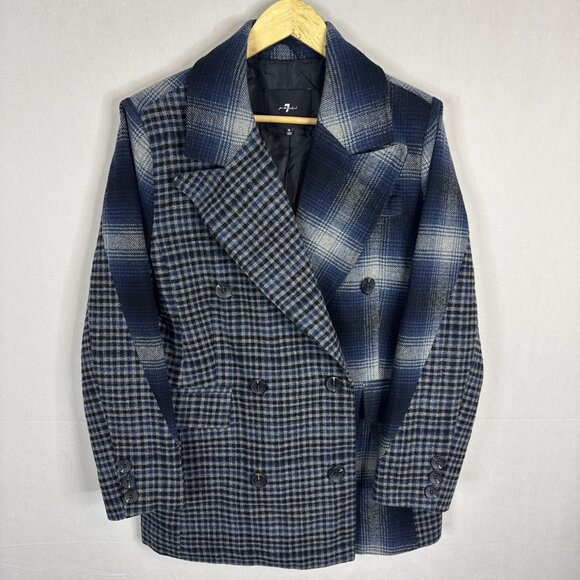 7 For All Mankind Women’s M Double Breasted Plaid Blazer Blue Gray Wool Blend - Picture 1 of 8